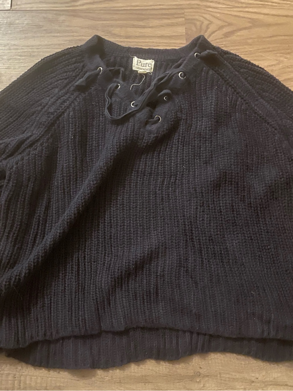 Pure Navy Lace-Up Ribbed Crewneck Sweater